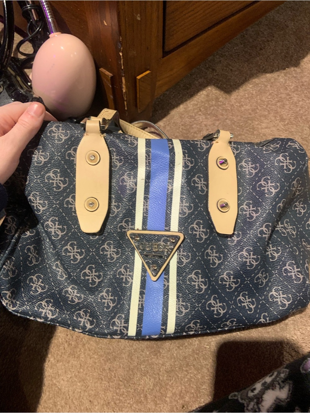 Navy Logo-Print GUESS Satchel with Blue Stripe